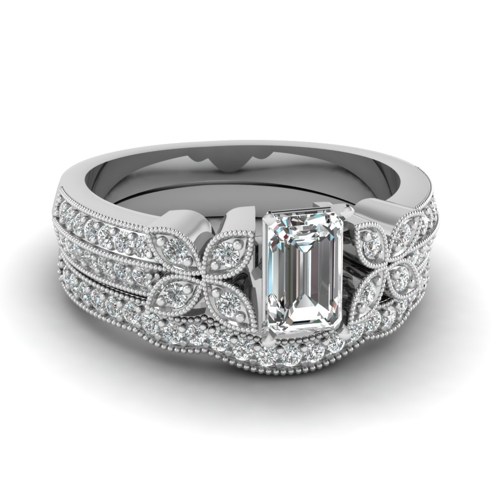 Milgrain Petal Emerald Diamond Ring Set