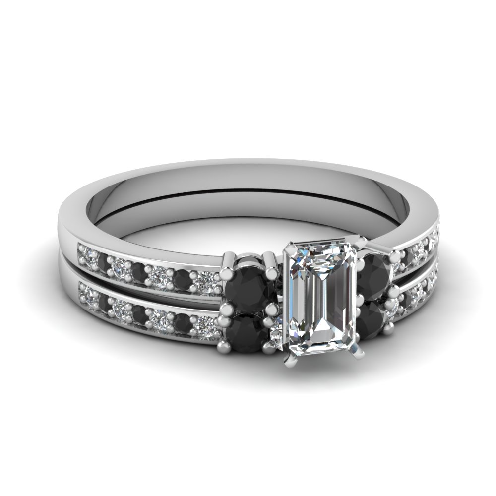 Delicate 3 Stone Emerald Cut Wedding Set With Black Diamond In 18k Delicate 3 Stone Emerald Cut Wedding Set With Black Diamond In Fdens3101emgblack Nl Wg