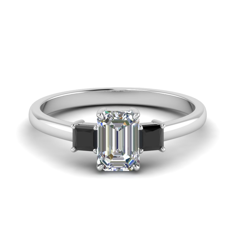 3 Stone Emerald Cut Engagement Ring With Black Diamond In 18K White ...
