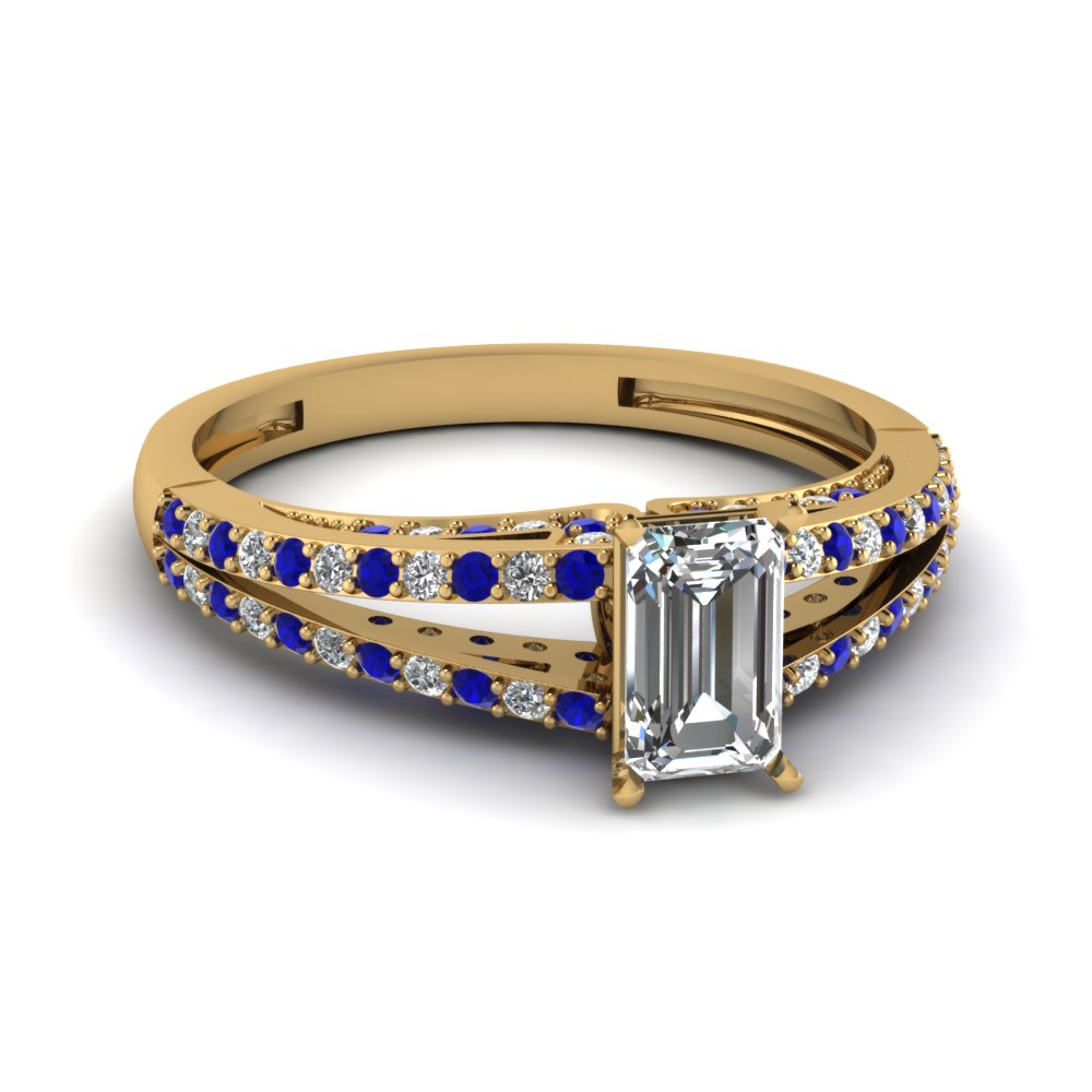 Round Diamond And Sapphire Accented Emerald Cut Split Shank Ring