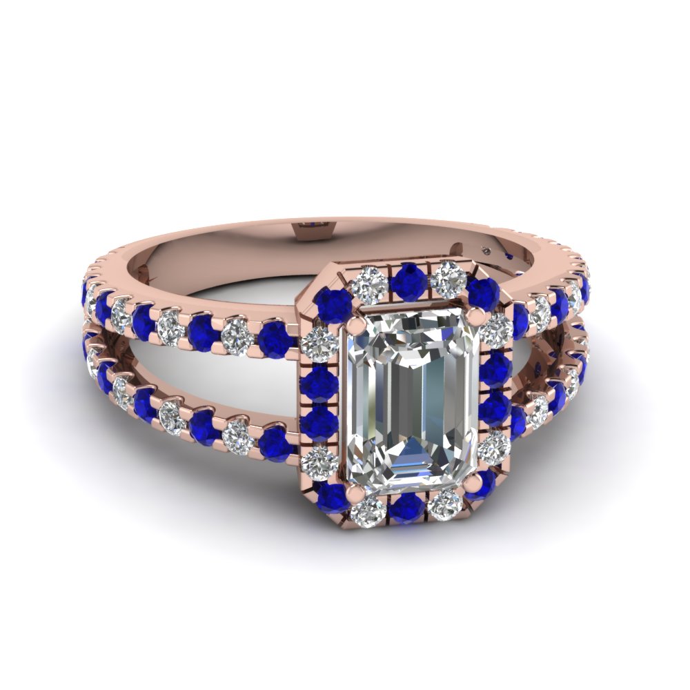 14K Rose Gold Emerald Cut Blue Sapphire Halo Engagement Rings ...