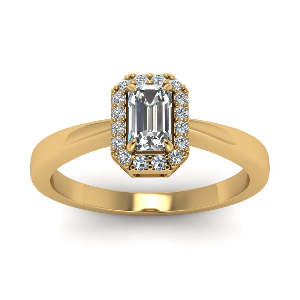 Delicate Emerald Cut Halo Diamond Engagement Ring In 14K Yellow Gold ...