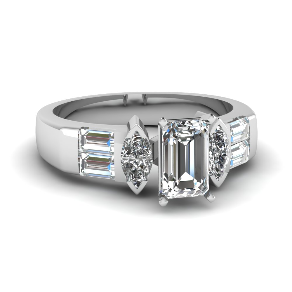 Emerald Cut Diamond Twin Marcasite Side Stone Ring In 18k White Gold Emerald Cut Diamond Twin Marcasite Side Stone Ring