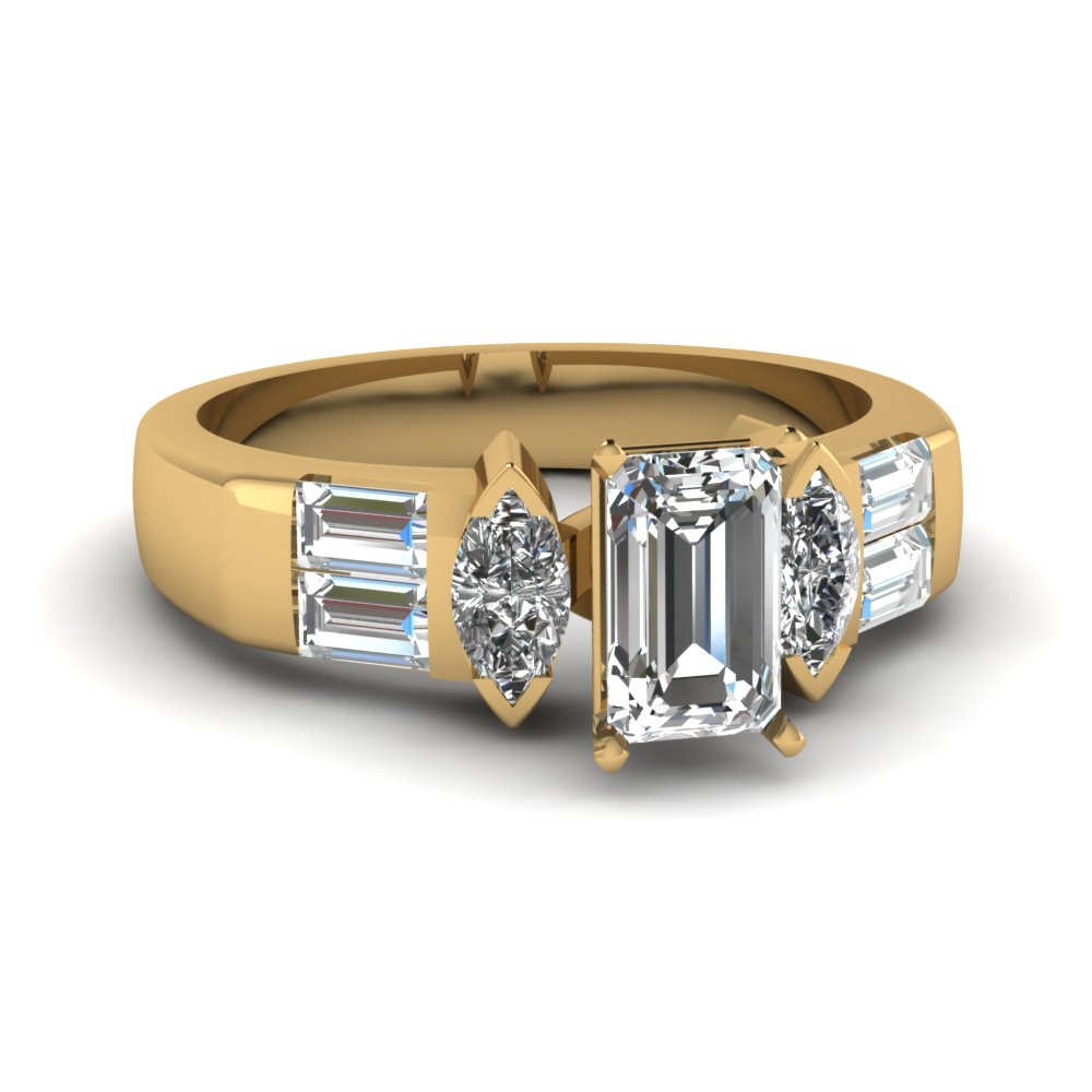 Art Deco Accent Emerald Cut Diamond Engagement Ring In 18K