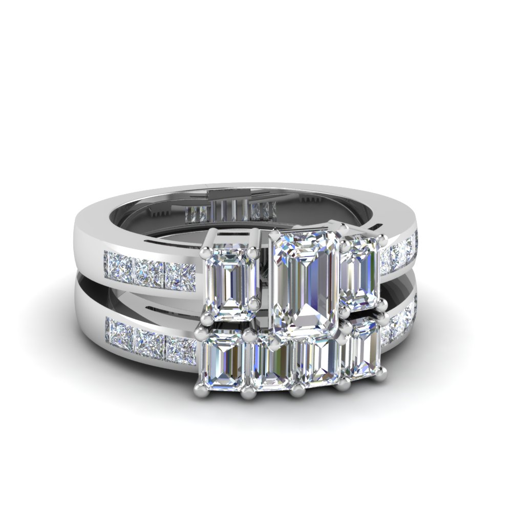 Channel Set 3 Stone Emerald Cut Diamond Wedding Ring Sets