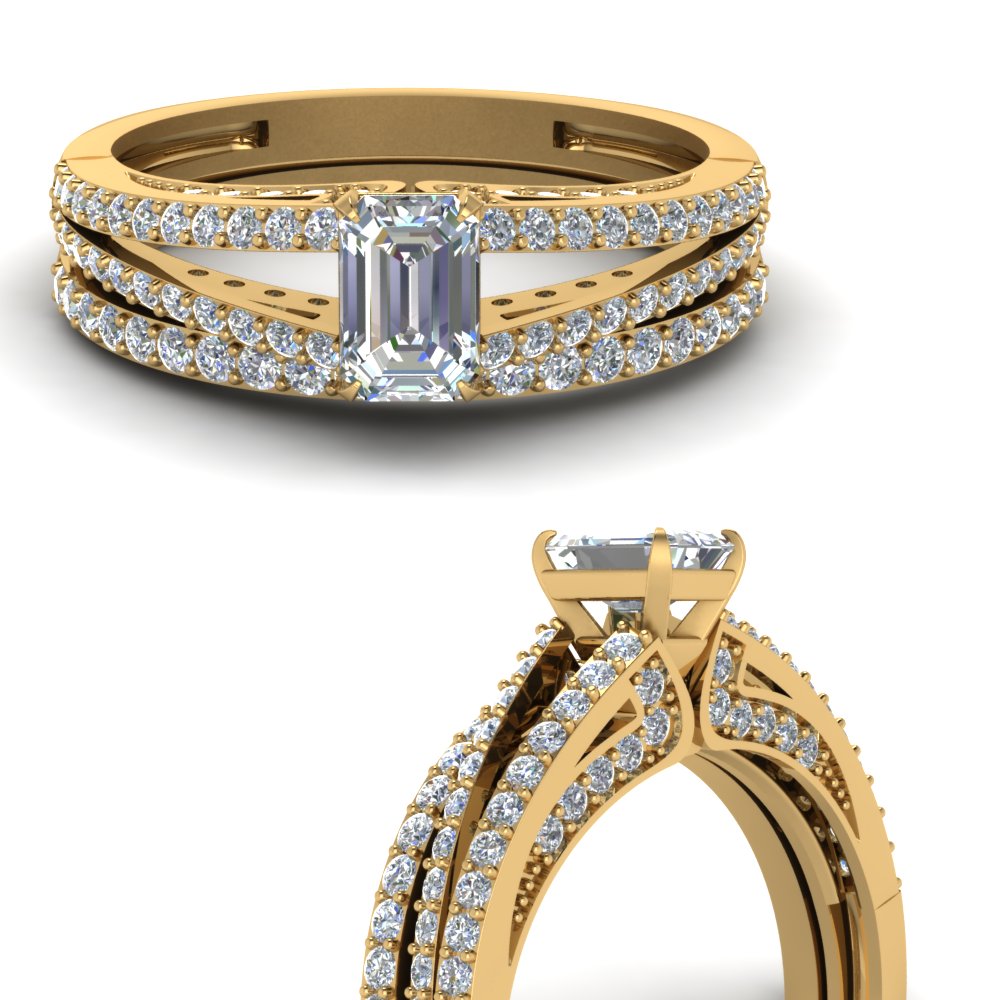 Emerald Cut Diamond Wedding Ring Set In 14K Yellow Gold