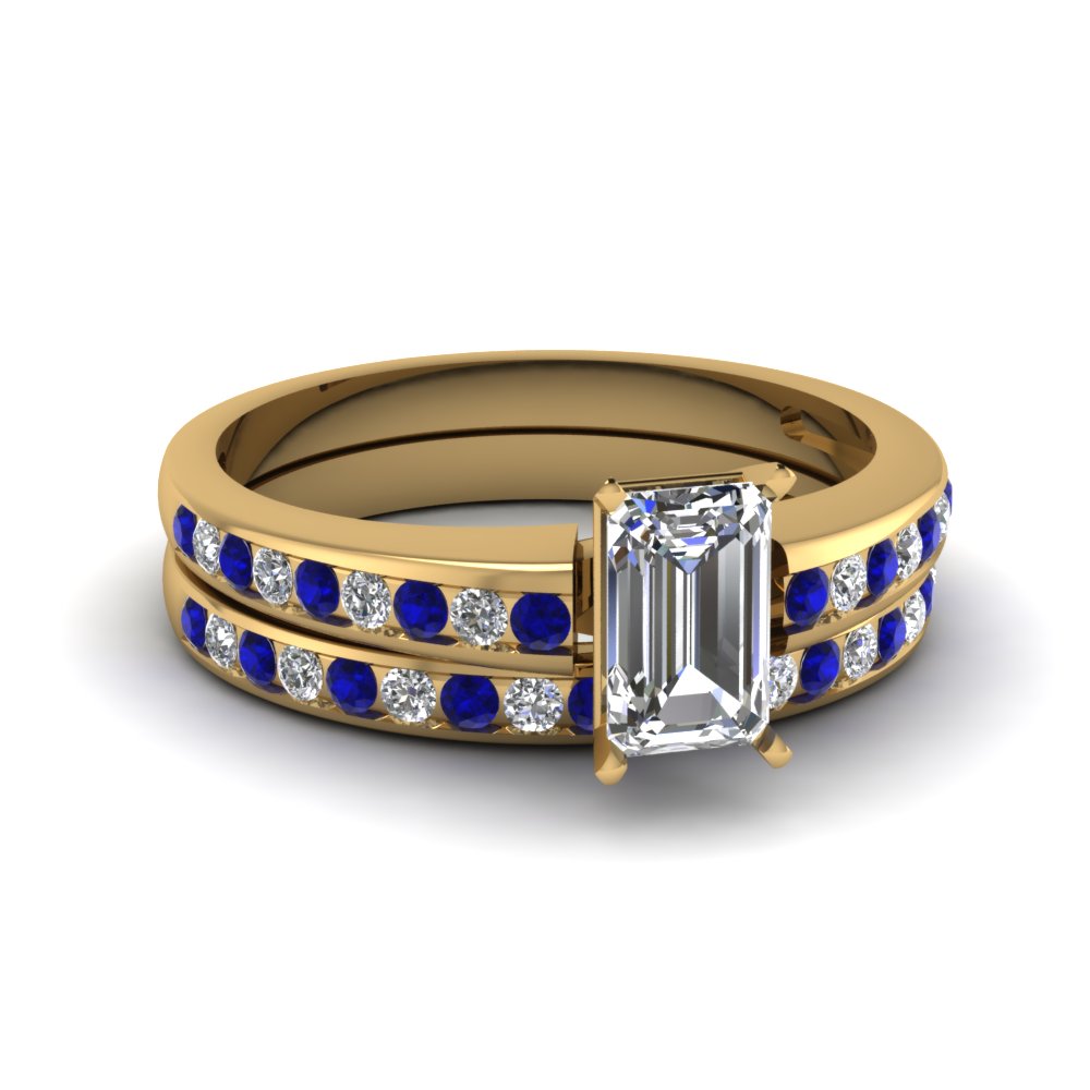 Emerald Cut Channel Diamond Wedding Set With Sapphire In