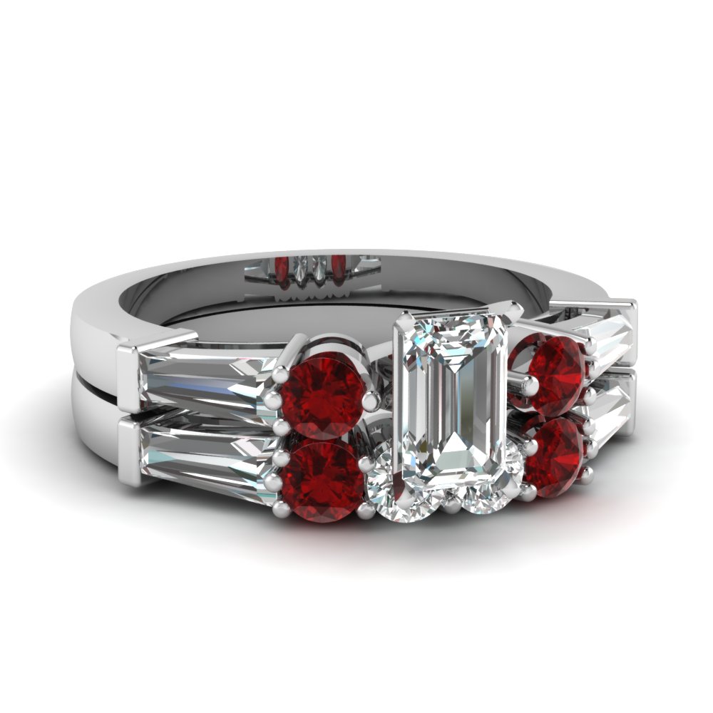 Emerald Cut 5 Stone Ruby Wedding Ring Set With Baguettes In 14k Emerald Cut 5 Stone Ruby Wedding Ring Set With Baguettes In Fdens275emgrudr Nl Wg