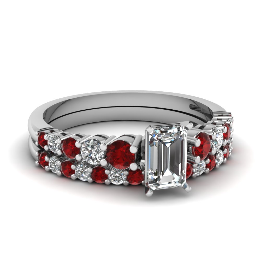 graduated emerald cut diamond wedding ring set with ruby in FDENS3056EMGRUDR NL WG