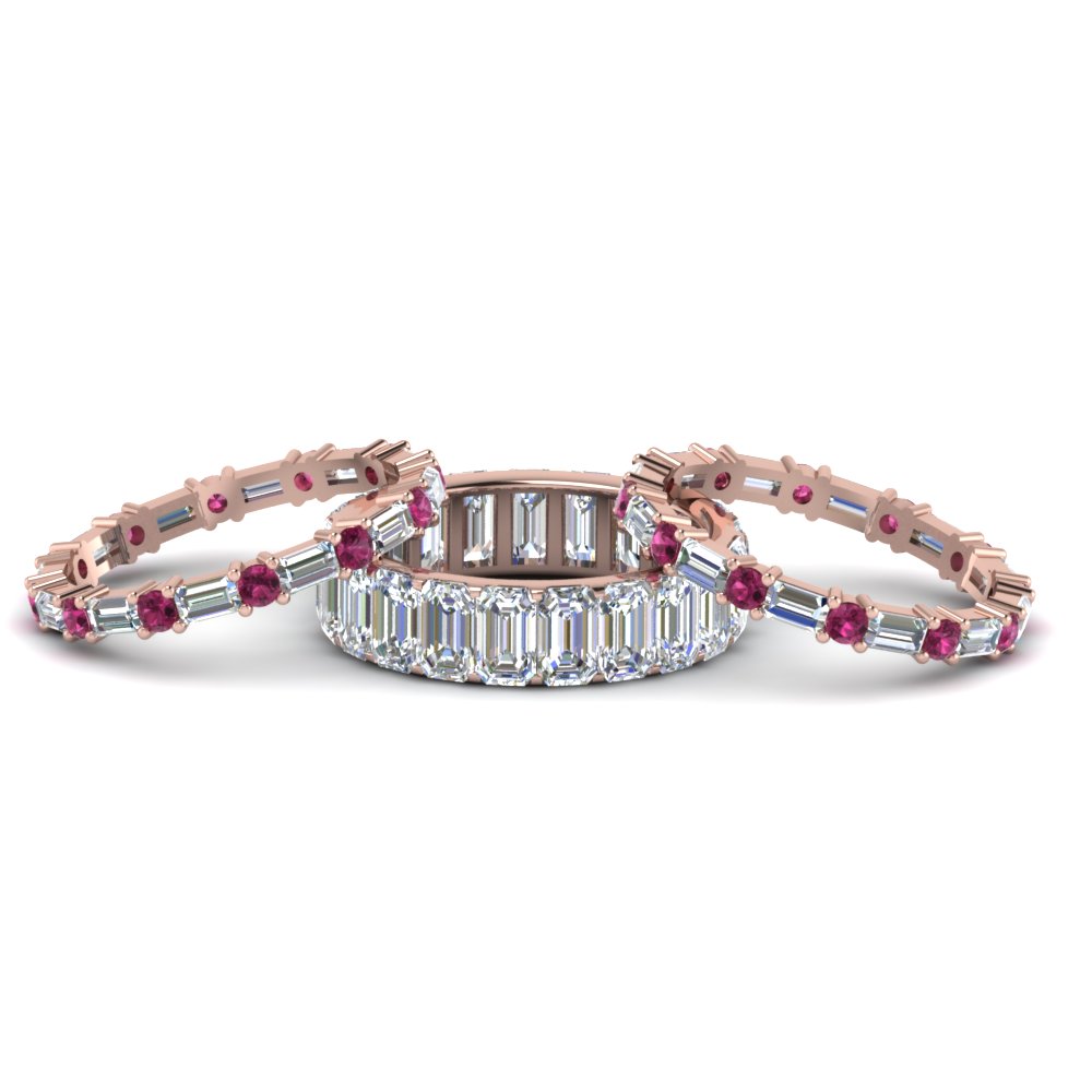 Semi Mount Shaped Emerald Cut Eternity Band With Matching Baguette And Round with Pink Sapphire 14K Rose Gold