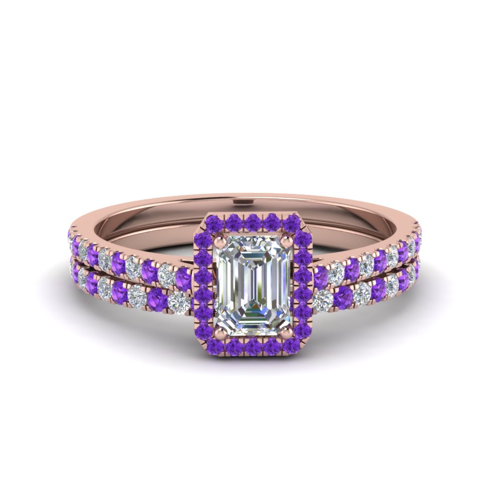 Emerald Shaped French Pave Halo Bridal Set with Purple Amethyst in 14K Rose Gold