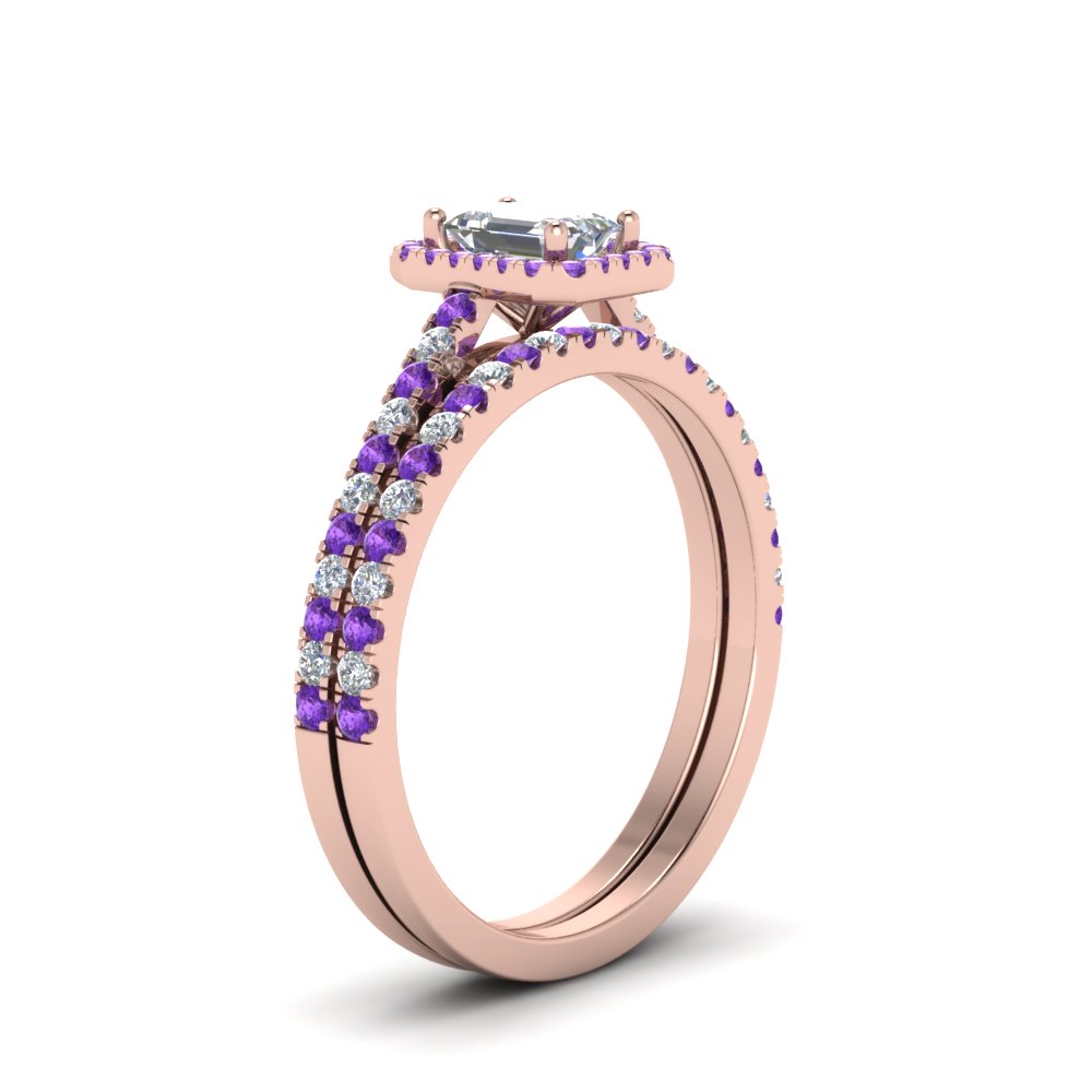 Emerald Shaped French Pave Halo Bridal Set with Purple Amethyst in 14K Rose Gold