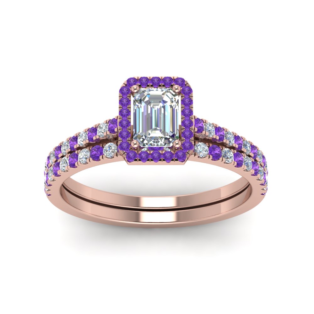 Emerald Shaped French Pave Halo Bridal Set with Purple Amethyst in 14K Rose Gold