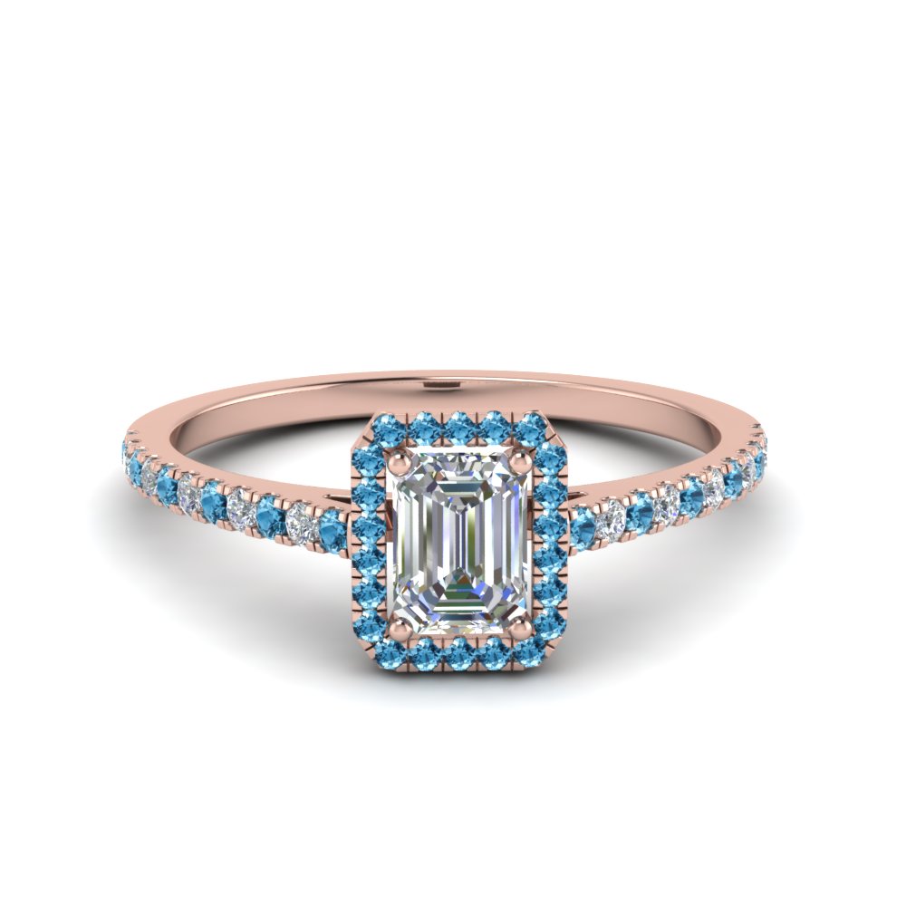 Emerald Cut French Pave Halo Diamond Ring With Ice Blue Topaz In 18K ...