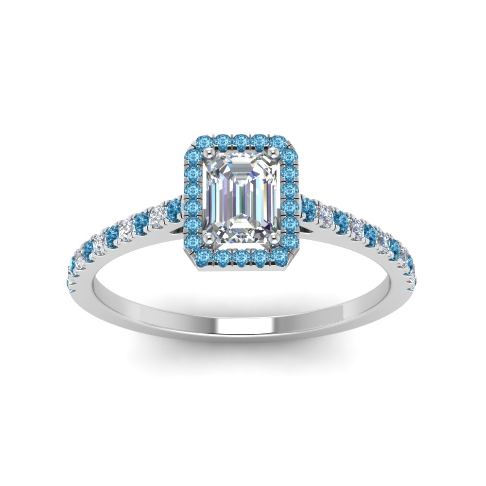 Emerald Cut French Pave Halo Diamond Engagement Ring With Blue Topaz In ...