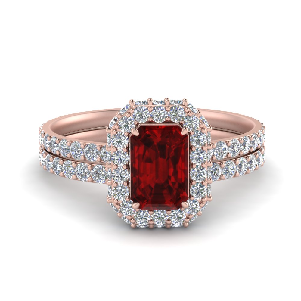 Emerald Cut Halo Ruby Wedding Ring Set In 14K Rose Gold