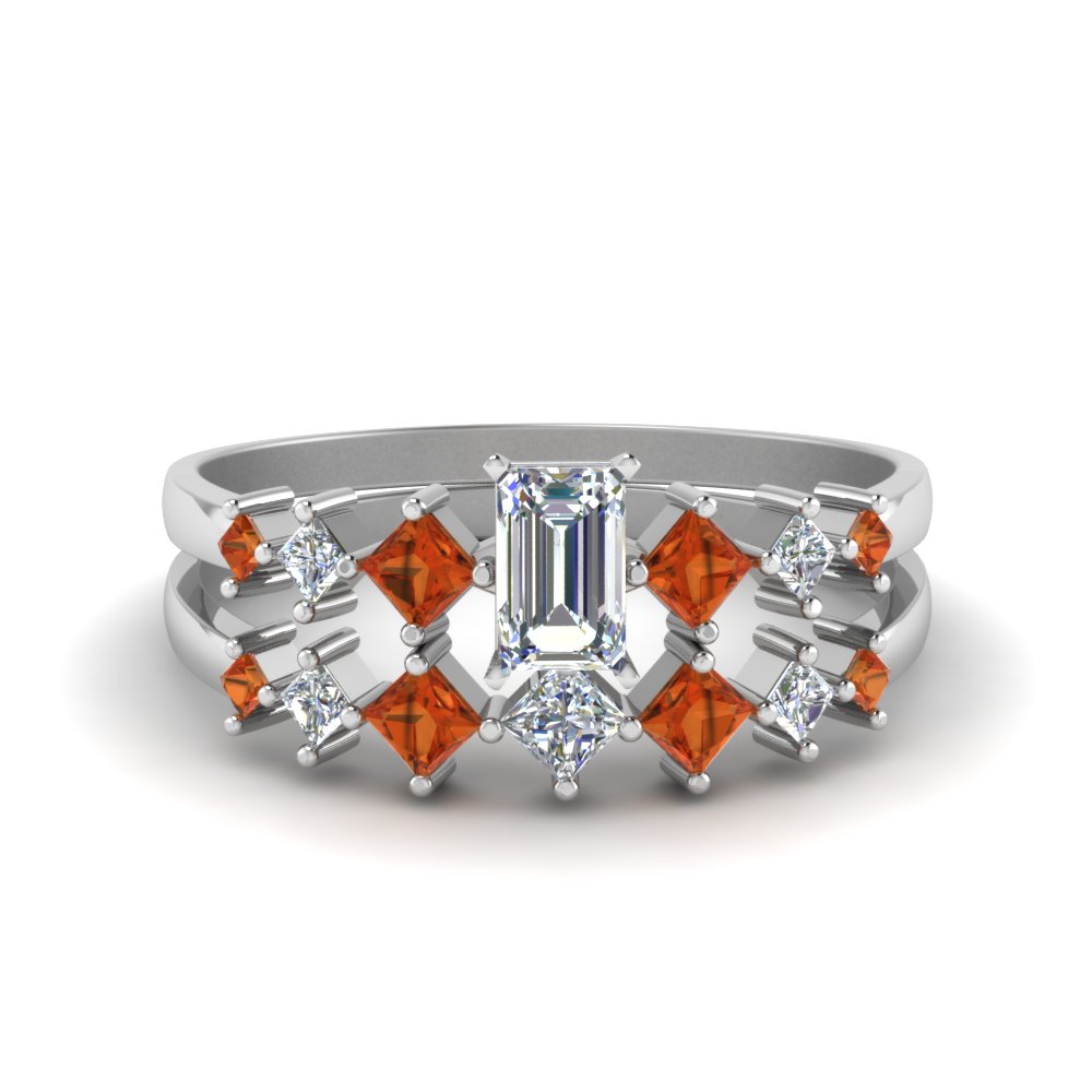 emerald cut kite set diamond bridal set with orange sapphire in 950 Platinum FDENS3126EMGSAOR NL WG