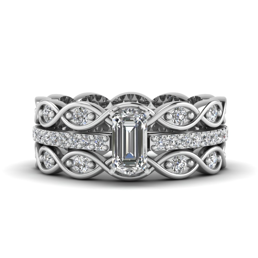 emerald cut pave infinity moissanite trio wedding ring sets for women in 14K white gold FD8047TEMANGLE1 NL WG