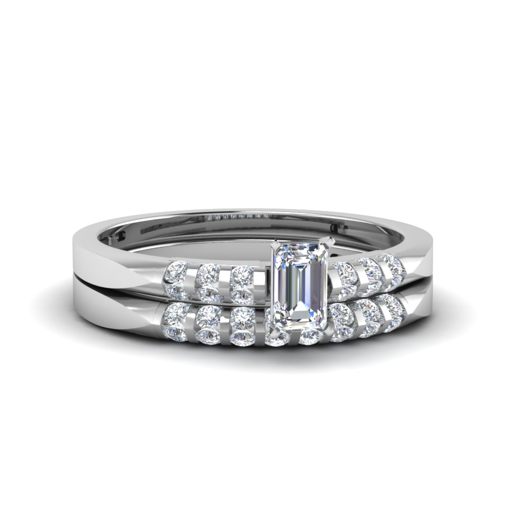Emerald Cut Petite Channel Diamond Wedding Ring Set In 14K