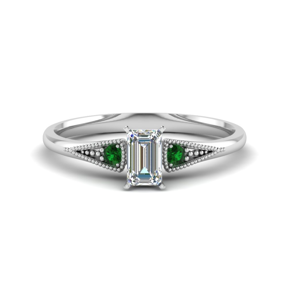 Emerald Cut Small 3 Stone Diamond Milgrain Engagement Ring With