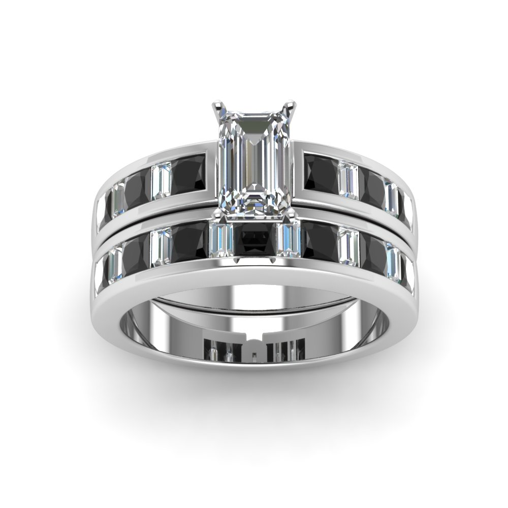 Emerald Cut Thick Band And Baguette Wedding Set With Black Diamond In ...