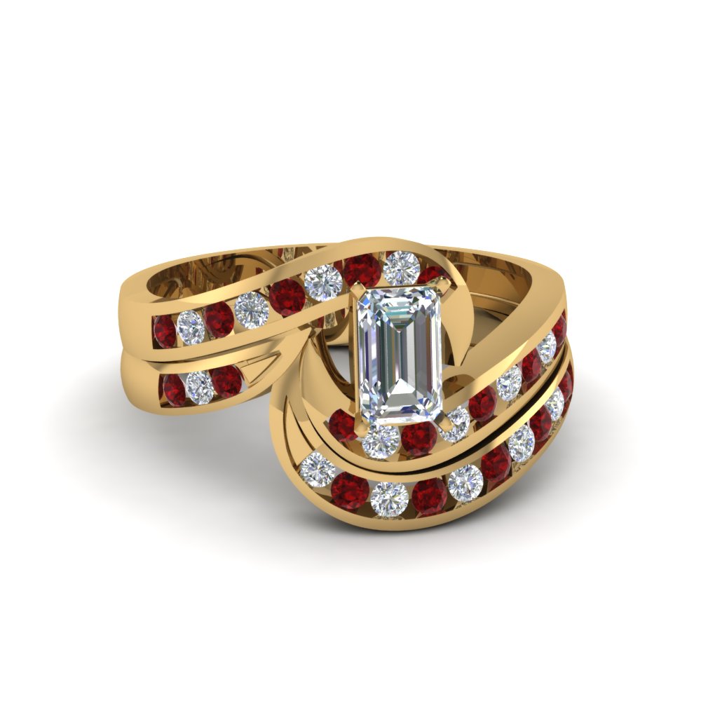 emerald cut twist channel set diamond wedding ring sets with ruby in 14K yellow gold FDENS594EMGRUDR NL YG