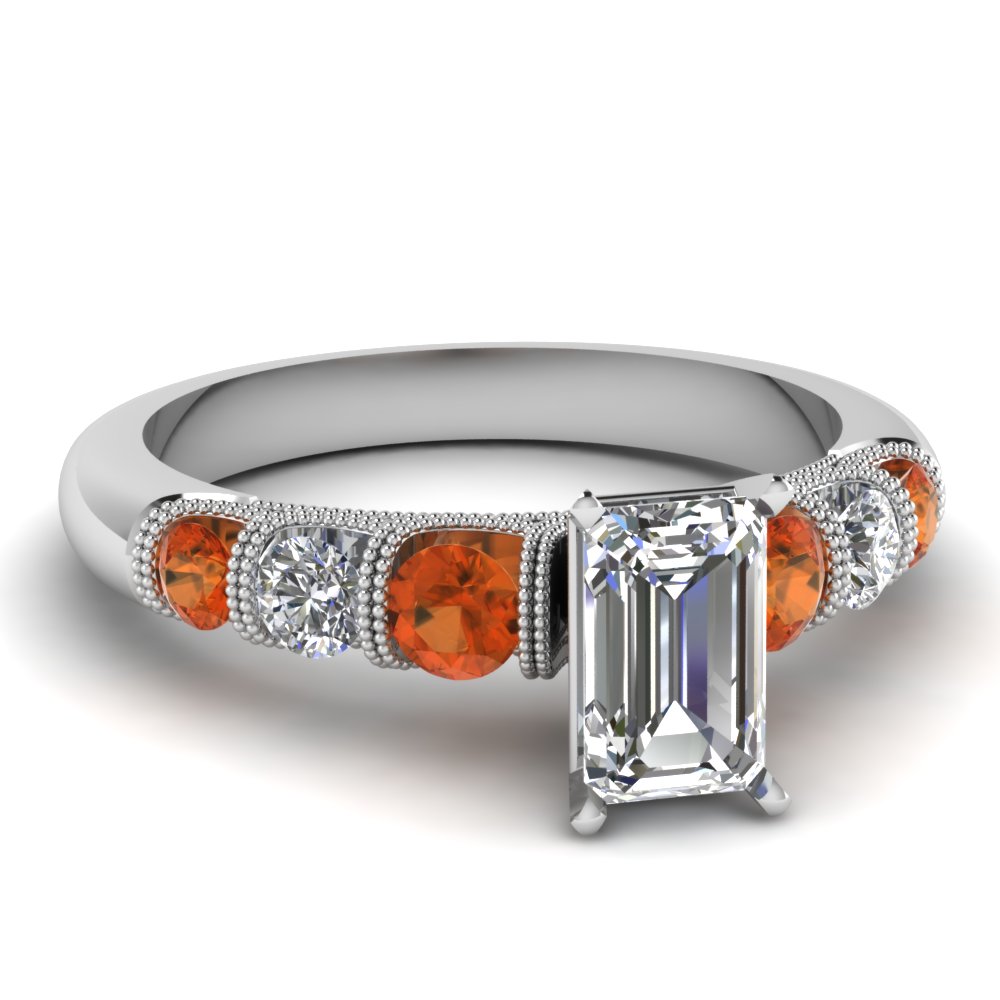 emerald cut unusual u prong diamond vintage engagement ring with orange sapphire in FDENS1783EMRGSAOR NL WG