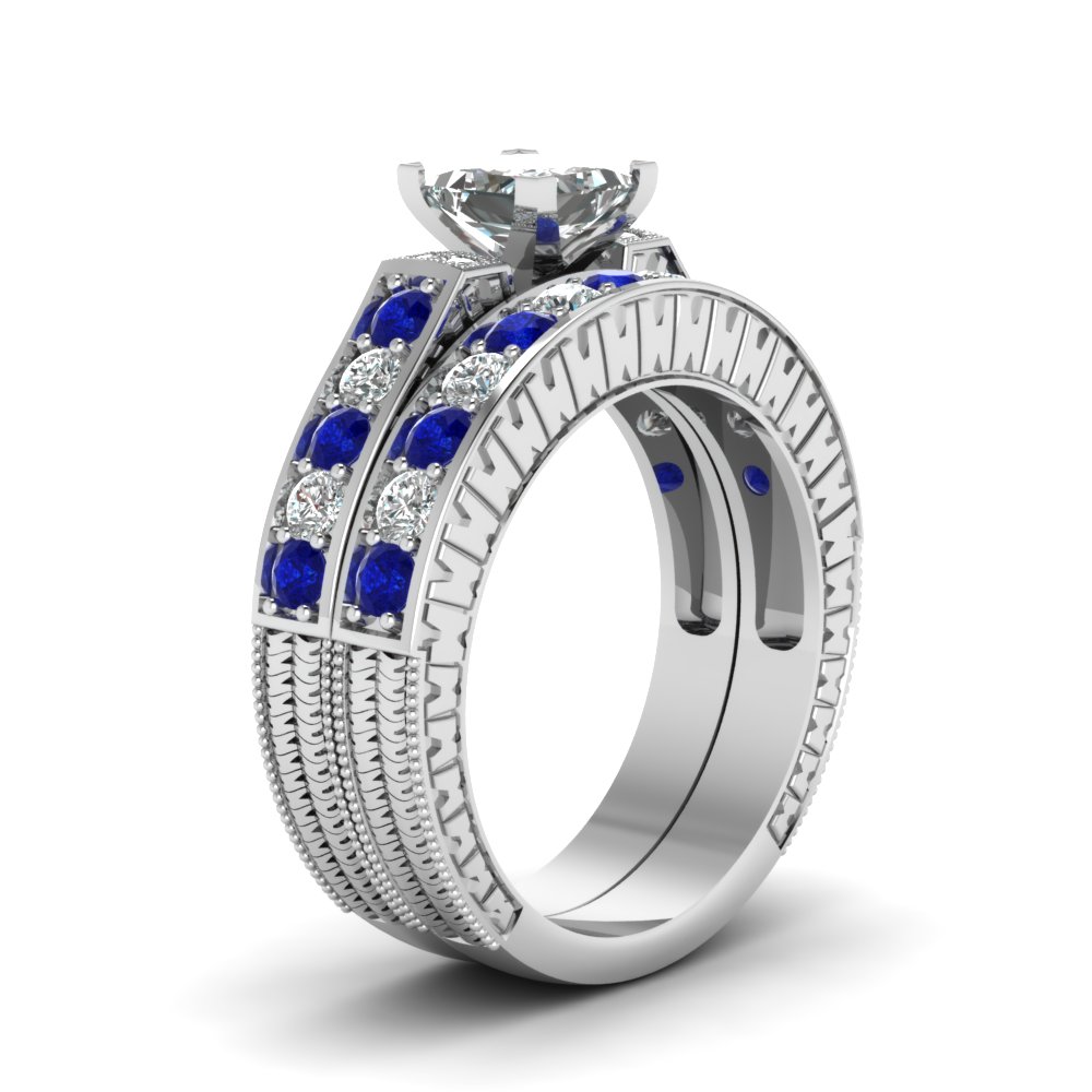 Engraved Design 1.50 Ct. Diamond Vintage Bridal Set With Sapphire In ...