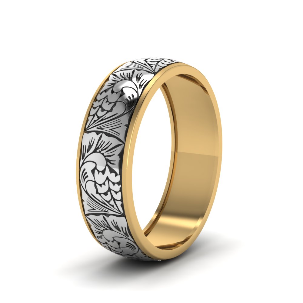 Engraved Two Tone Wedding Band In 14K Yellow Gold