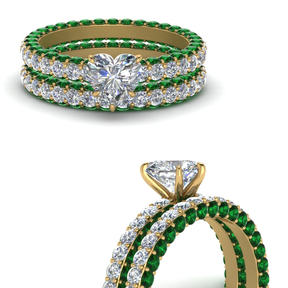 eternity heart shaped diamond bridal set with emerald in 14K yellow gold FD9240HTGEMGRANGLE3 NL YG