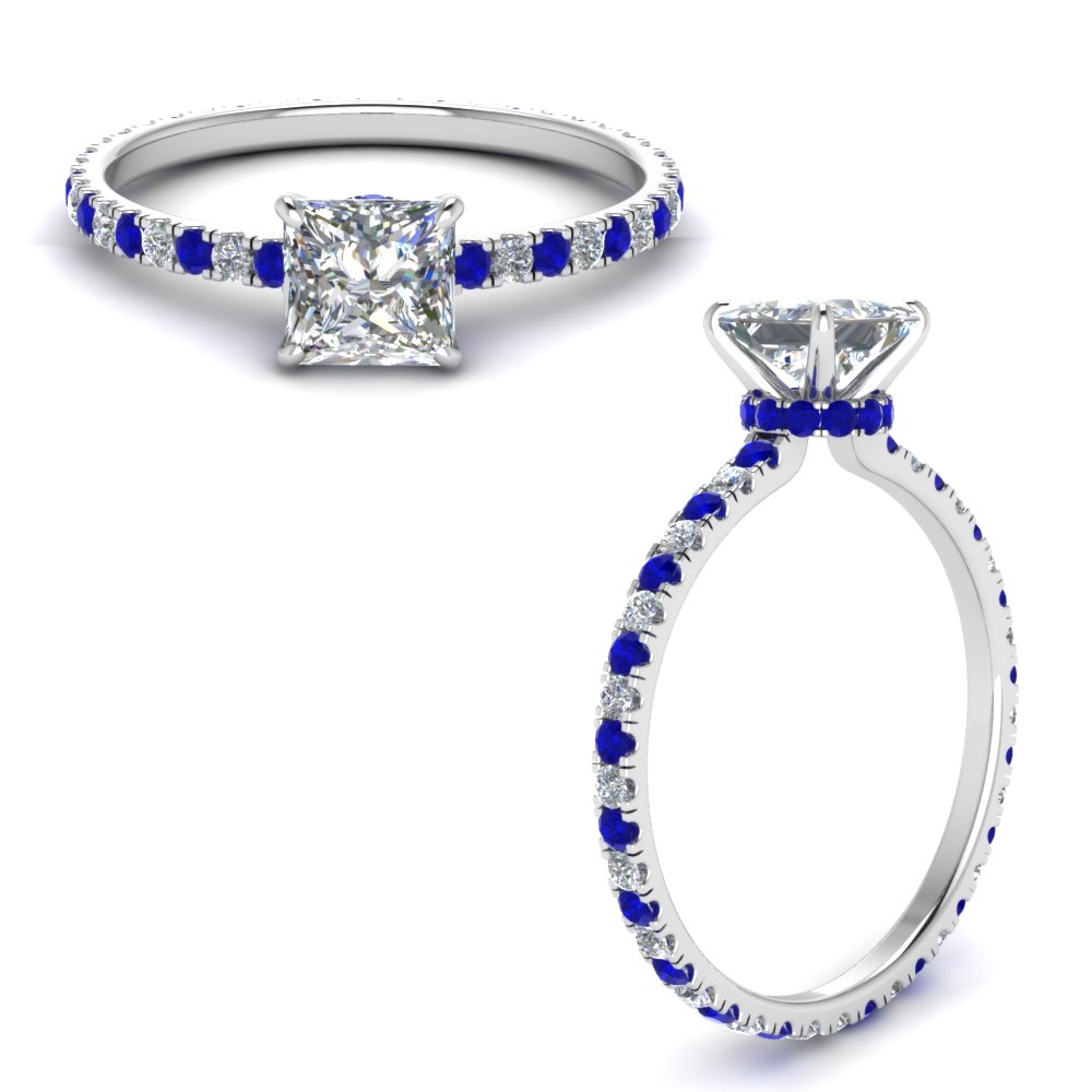 Eternity Hidden Halo Princess Cut Diamond Engagement Ring With Sapphire ...