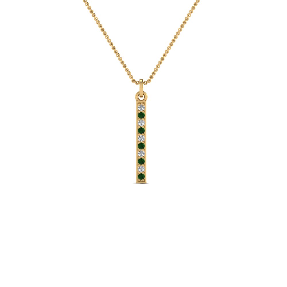 Fancy Pave Straight Bar Diamond Necklace Pendant With Emerald In 14K ...