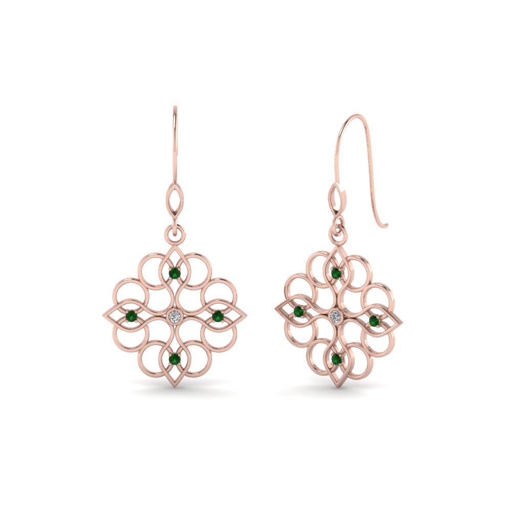filigree dangle drop diamond earring with emerald in 14K rose gold FDEAR85604GEMGR NL RG