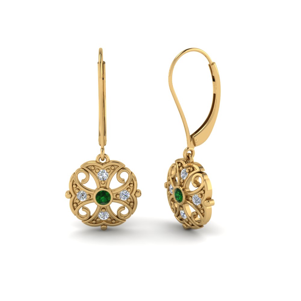 Filigree Dangle Diamond Earring With Emerald | Fascinating Diamonds