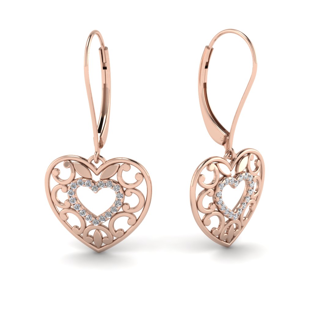 Filigree Heart Diamond Earring In 14K Rose Gold | Fascinating Diamonds