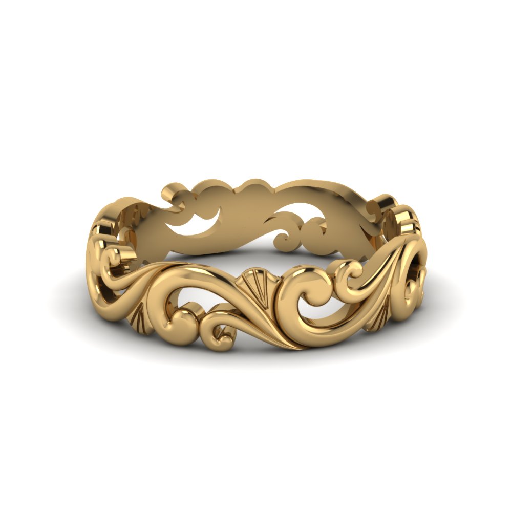 Filigree Simple Wedding Band For Women In 14K Yellow Gold