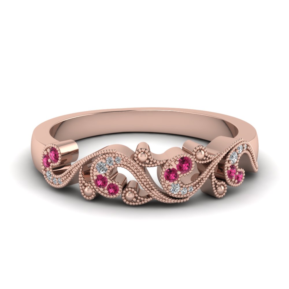 Filigree Diamond Wedding Anniversary Gifts With Pink Sapphire In 14K