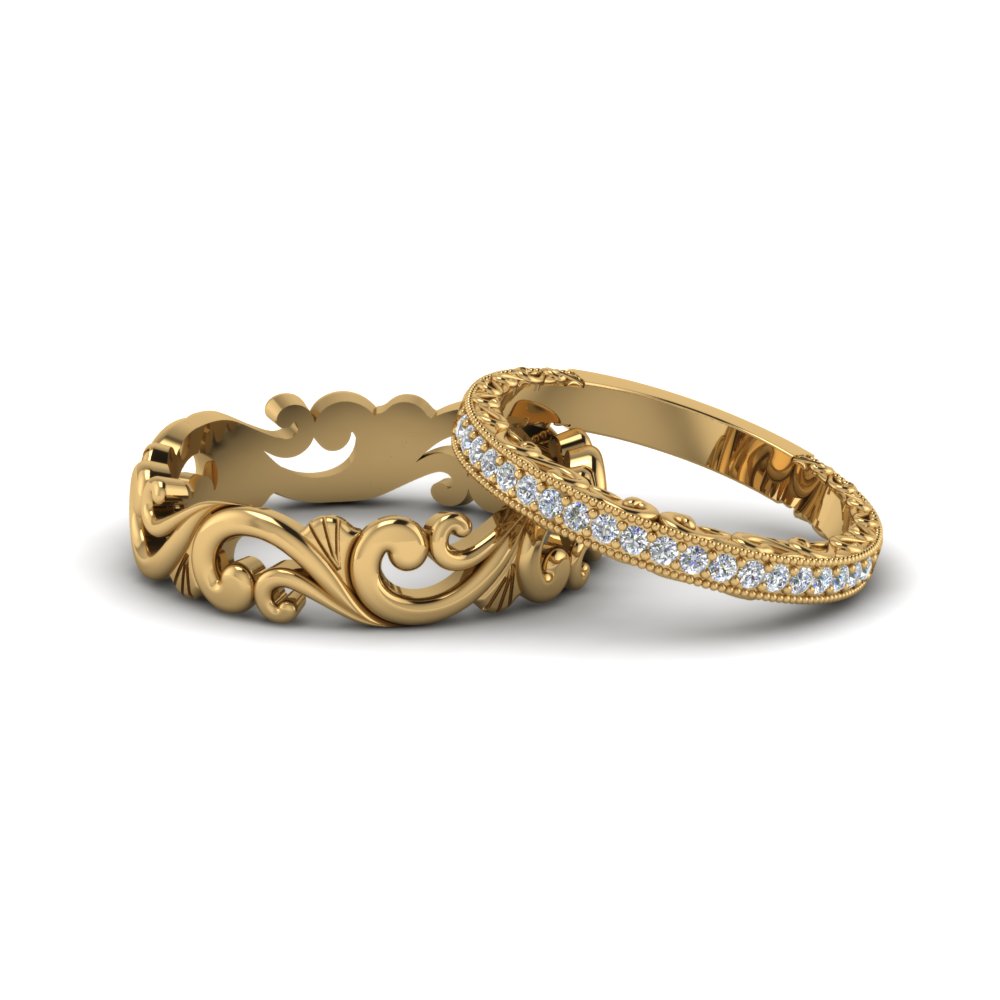 Filigree Wedding Rings His And Hers Matching Sets In 14K Yellow Gold