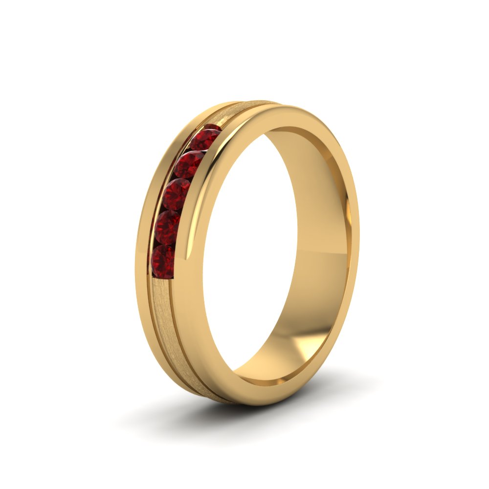 Five Stone diamond Anniversary Band For Men With Ruby In 14K Yellow ...