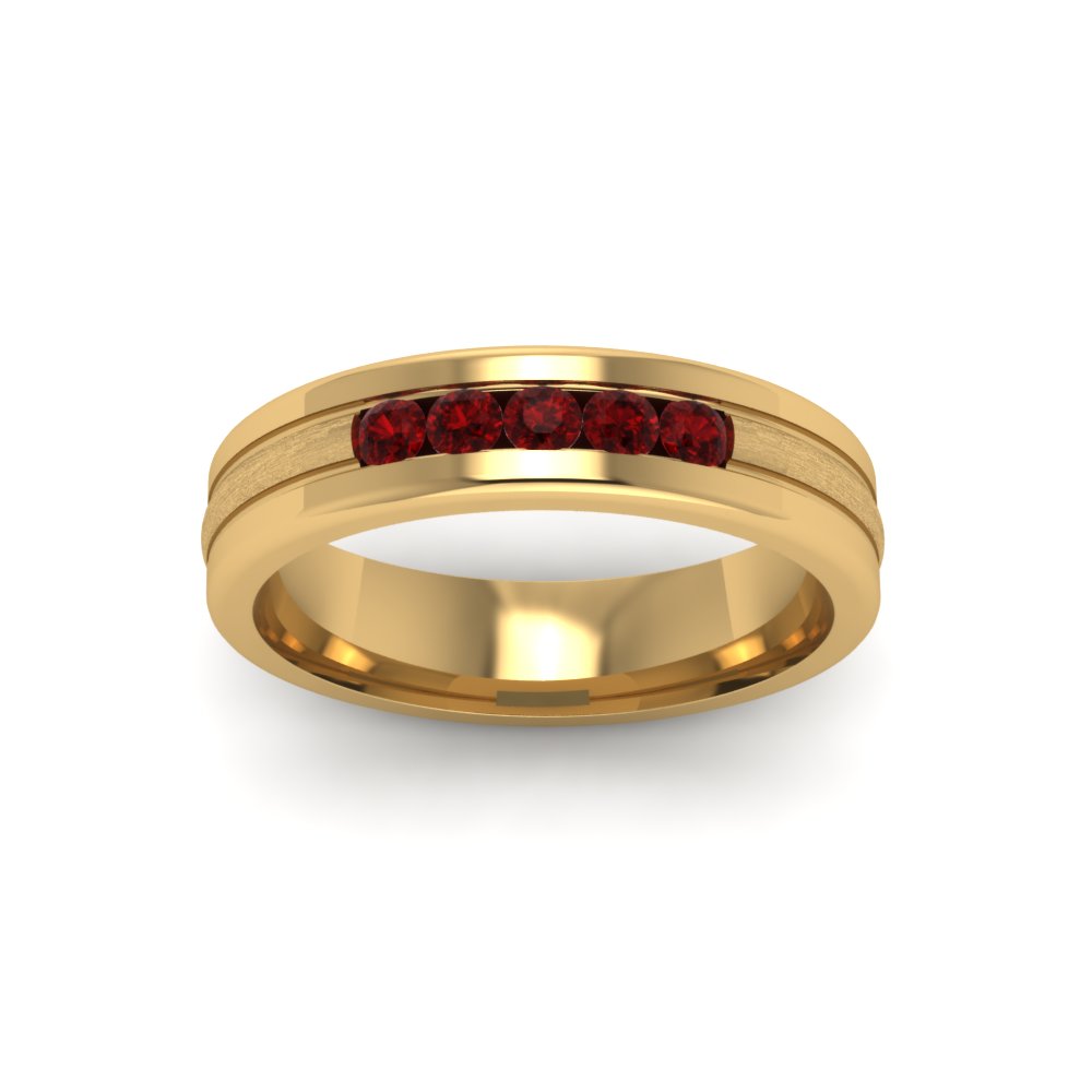 Five Stone diamond Anniversary Band For Men With Ruby In 14K Yellow ...