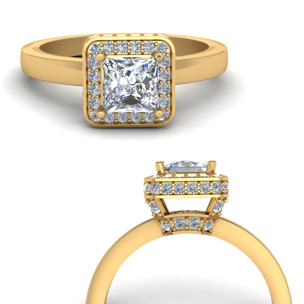 Flat Square Under Halo Princess Cut Diamond Engagement Ring In 18k