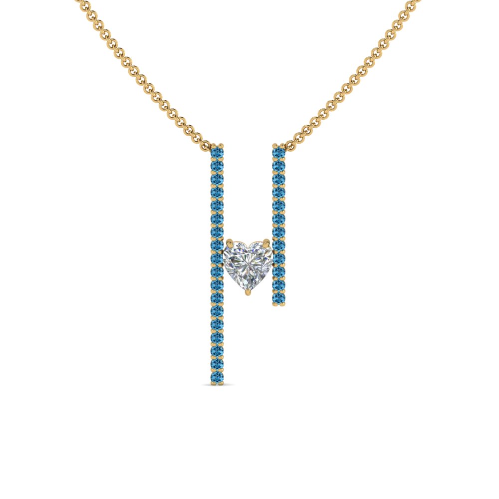 Floating Heart Diamond Bar Necklace With Blue Topaz In 18K Yellow