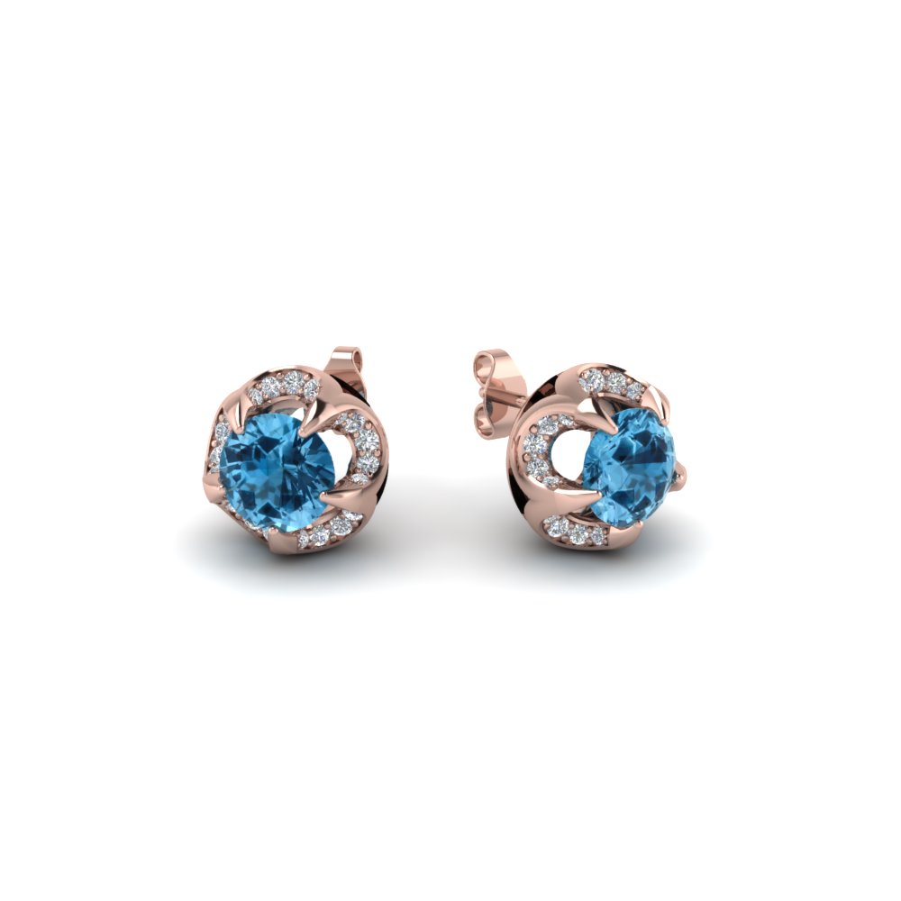 Floral Style Halo Diamond Earring With Ice Blue Topaz In 14K Rose Gold ...
