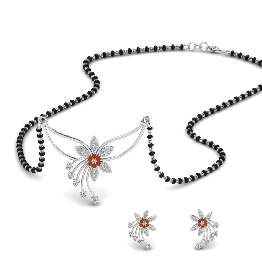 Orange Sapphire Chain Mangalsutra & Earring Set
