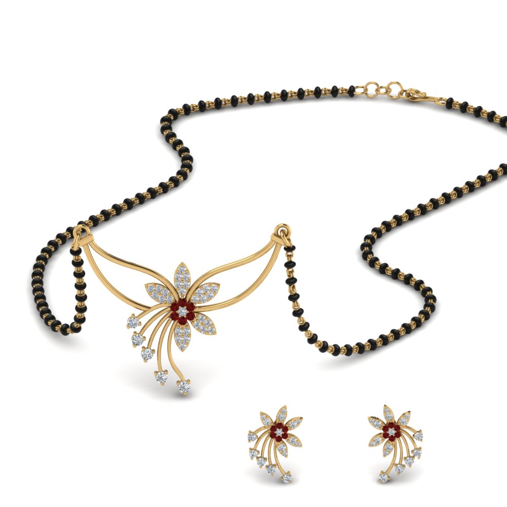 Ruby Modern Flower Mangalsutra With Earring Set