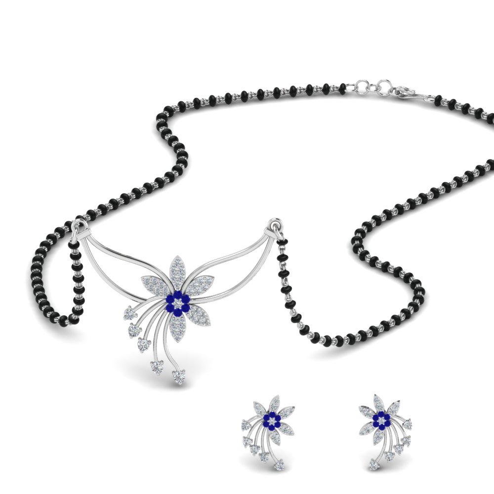 Blue Sapphire Vintage Floral Mangalsutra With Earring Set