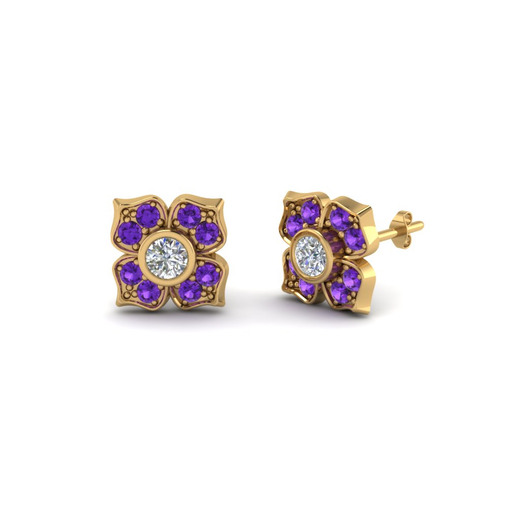 Flower Diamond Stud Earring For Women In 14k Rose Gold Fascinating Flower Design Diamond Stud Earrings With Topaz