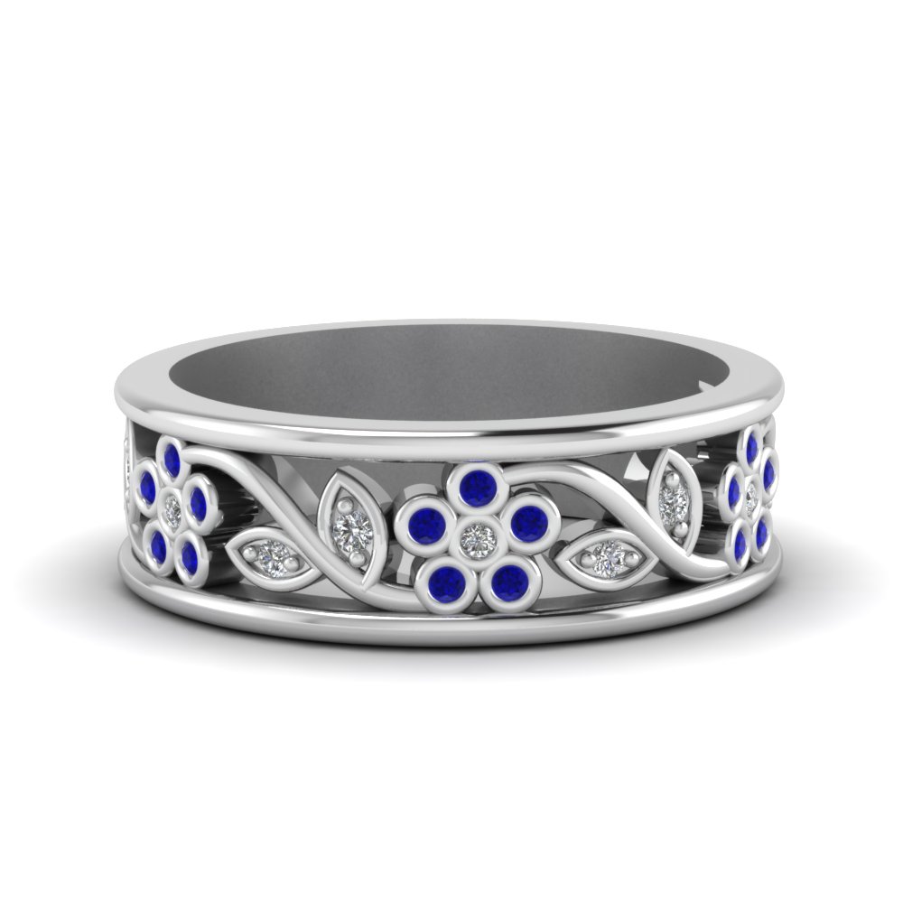 flower diamond wide nature inspired band for women with sapphire in 14K white gold FD121712BGSABL NL WG