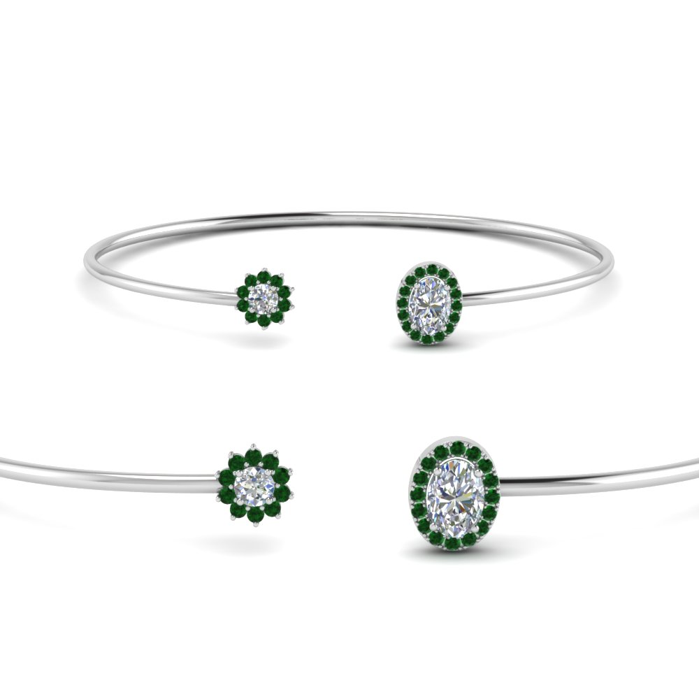 flower open cuff diamond bracelet with emerald in 14K white gold FDCMJ2841BGEMGRANGLE2 NL WG