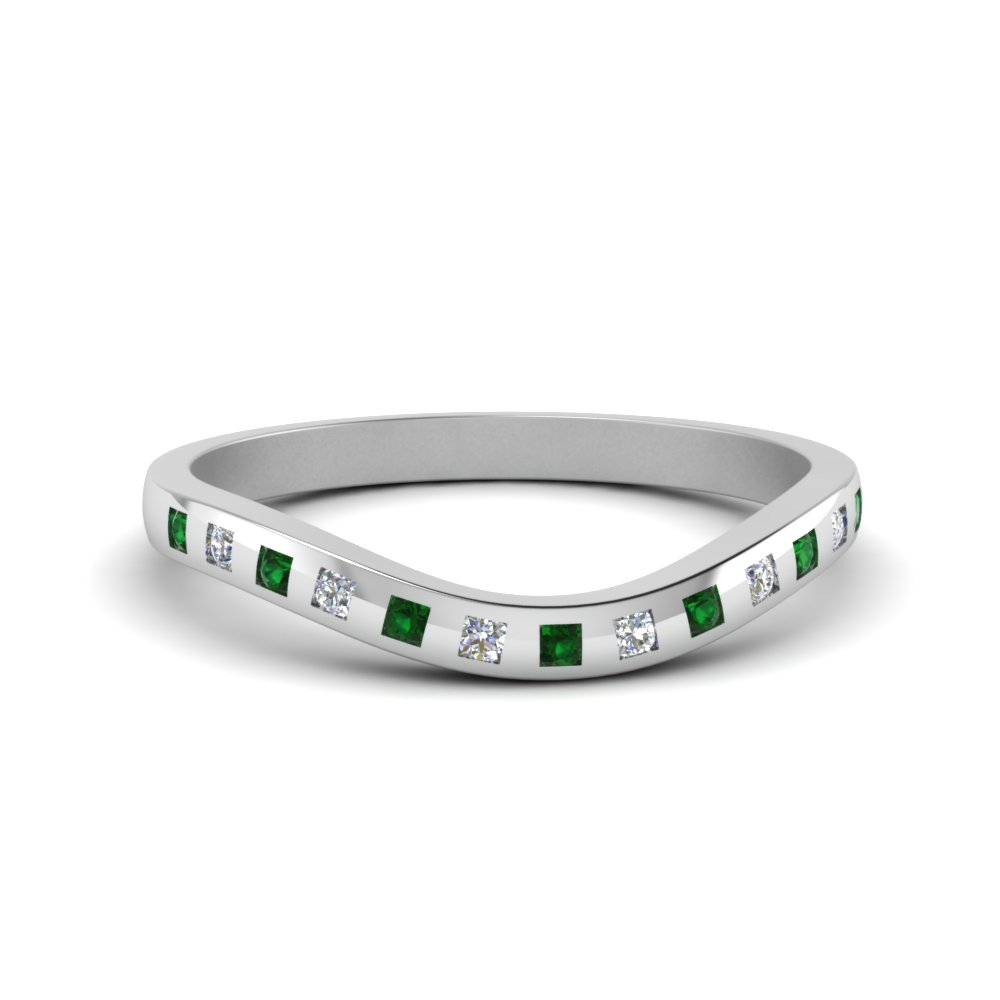 flush diamond curved wedding band with emerald in 14K white gold FDENS2255B4GEMGR NL WG